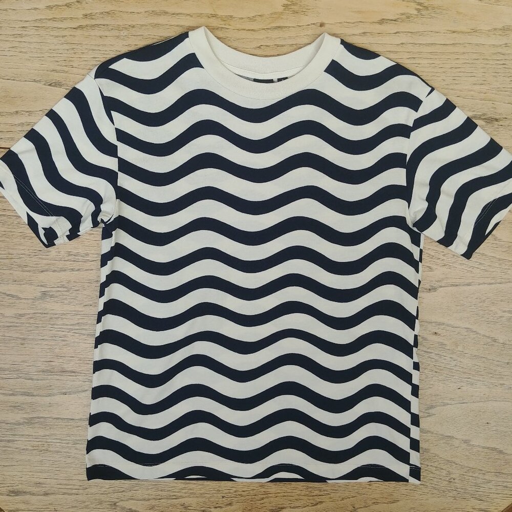 Marimekko X Uniqlo thick sturdy white and navy blue striped tee T shirt Small